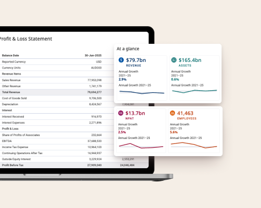 Screen of IBISWorld company data from Australia and New Zealand