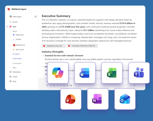 Screen of Copilot Microsoft office applications with IBISWorld data