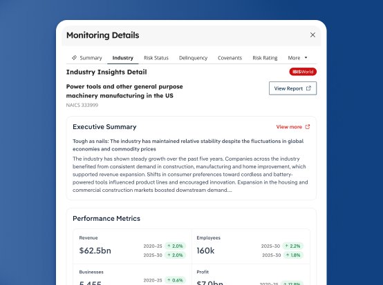 Screen of nCino assessing creditworthiness with IBISWorld data